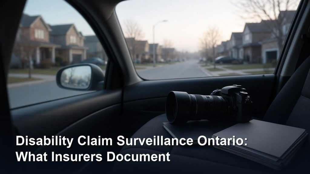Disability claim surveillance in Ontario — investigator camera and case files overlooking a residential street