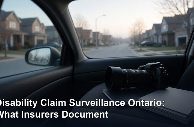 Disability claim surveillance in Ontario — investigator camera and case files overlooking a residential street